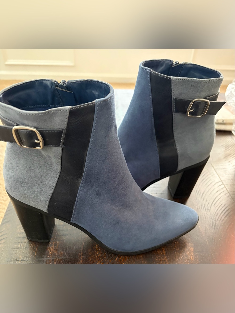 JustFab Blue and Black Suede Block Heel Ankle Boots